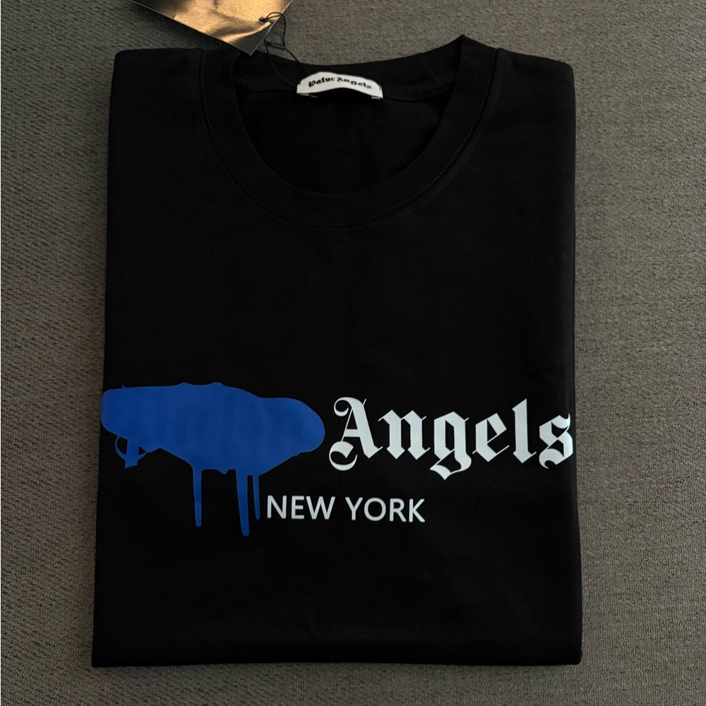 Palm Angels Black Tee with Blue Graphic